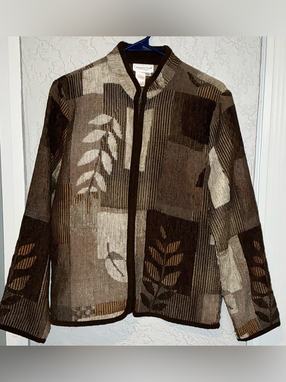 Coldwater Creek Brown and Cream Leaf-Pattern Zip Cardigan